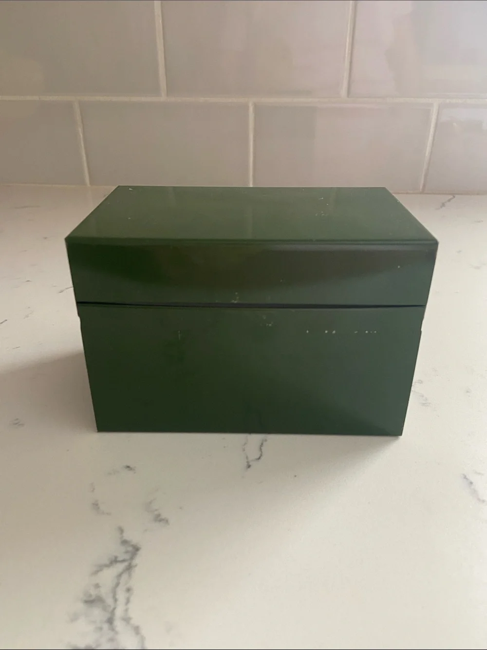 Vintage Green Metal Recipe Box with Dividers and Recipe Cards